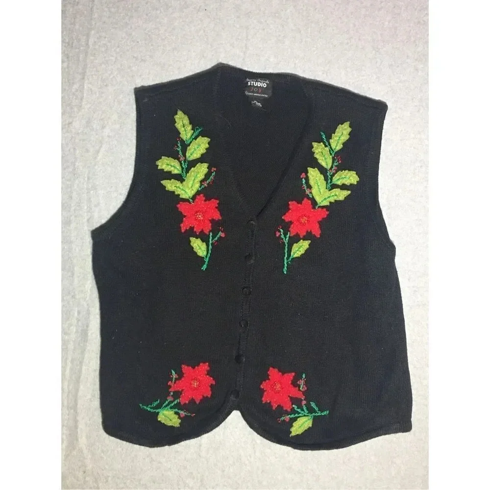 Womens Designers Originals Vest Size XL Christmas Flowers Black Red Holidays